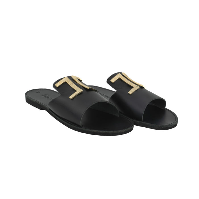 Embelished Sandals - Black Slides with Gold Design Semeli (100S22) 2
