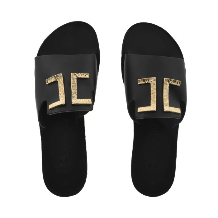Embelished Sandals - Black Slides with Gold Design Semeli (100S22) 4