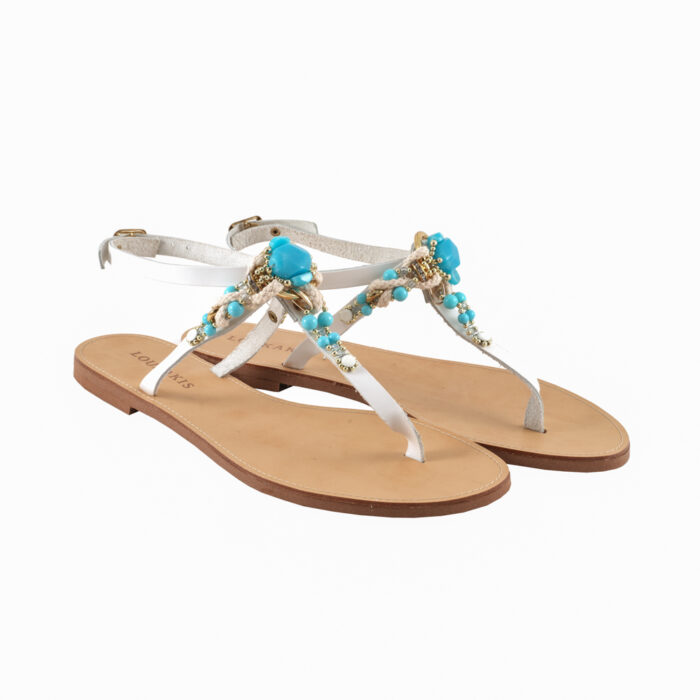 White Sandal with Rope and Turquoise Stones Ios (141) -ON SALE 2